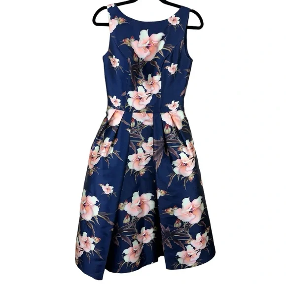 Chi Chi London | Dresses | Chi Chi London High Neck Navy Blue Floral Tea  Length Cocktail Dress Size 6 | Poshmark
